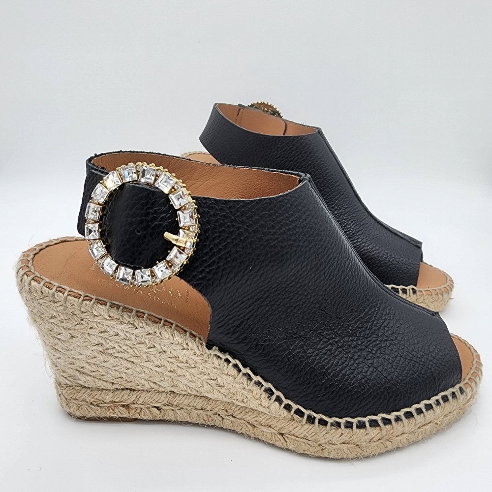 Maypol Spain Wedge Sandals Leather Black Rhinestone Buckle Size 39 or 9 - Picture 8 of 13